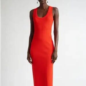 St. John Collection Tank Dress Scoop Neck Ribbed Knit Bright Ruby Red Long Sz Lg